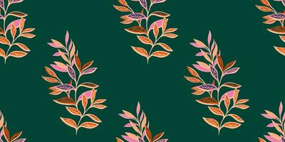 Artistic seamless pattern with abstract, tropical leaves. Vector hand drawn sketch with bouquets leaves on a dark green background. Template for textile, fashion, print, surface design