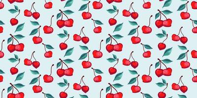 Seamless pattern with red Cherries on a light background. Summer berry, berries, leaves, background. Vector hand drawn sketch cherry.  Design ornament for paper, cover, fabric, fashion, textile