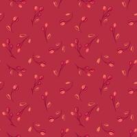 Minimalist burgundy seamless pattern with vector hand drawn tiny leaves, abstract branches, and drops, dots, spots. Template for fashion, textile, print, surface design, fabric