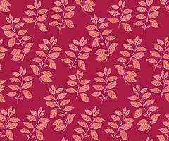 Seamless minimalist stylized branch leaves pattern on a burgundy back. Vector hand drawn sketch leaf stem. Template for design, textile, fashion, print, surface design, paper, cover, fabric