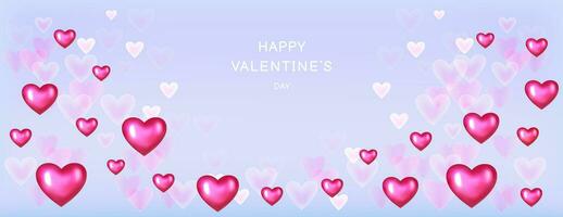 Banner happy Valentines day. Vector 3d hearts. Glowing hearts on blue background. Horizontal border with text space.  Suitable for email header, post in social networks, advertising