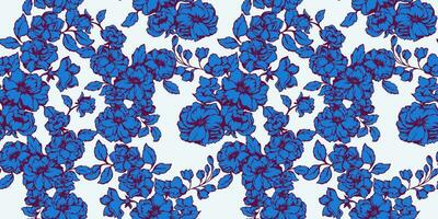 Vector stylized blooming flowers stem intertwined in a seamless pattern on a light background. Bright texture blue shape floral branches. Vector hand drawn sketch.