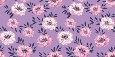Seamless pattern with ranunculus flowers and leaves. Vector hand drawn. Artistic floral pattern on purple background. Design for fashion, fabric, wallpaper.