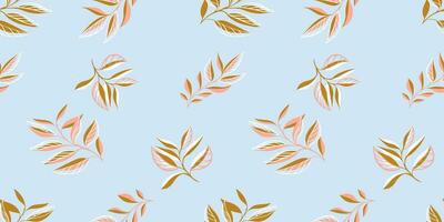 Seamless abstract, tropical tiny stem leaves scattered randomly on a light blue background. Vector hand drawn sketch leaf branches. Template for textile, fashion, print, surface design, fabric