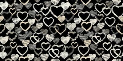 Seamless simple pattern with light beige hearts on a black background. Vector hand drawn sketch. Print with set textured hearts silhouettes. Valentine, love background. Design for fashion, fabric