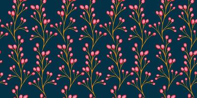 Colorful stylized branches berries intertwined in a seamless pattern on a dark grey background.  Vector hand draw branch with drops, dots, spots print. Template for textile, fashion, print