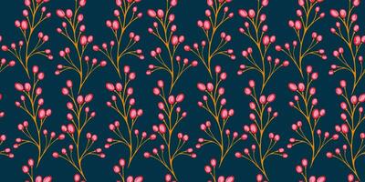 Colorful stylized branches berries intertwined in a seamless pattern on a dark grey background.  Vector hand draw branch with drops, dots, spots print. Template for textile, fashion, print