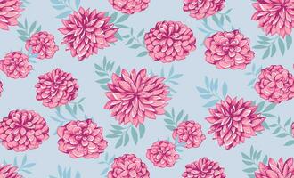 Seamless pattern with abstract, feminine, gently, peonies flowers with leaves. Vector hand drawn sketch. Ditsy bright floral print on a blue background. Template for design
