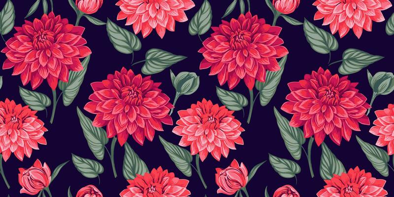 Seamless pattern flowers dahlias with leaves. Red, abstract, artistic, feminine, cute, gently floral on the dark  background. Vector hand drawn ditsy flowers.