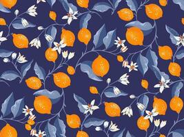 creativo brillante Lima y limón ramas sin costura modelo en un azul antecedentes. vector mano dibujado bosquejo garabatear. verano agrios frutas ilustración para impresión. diseño fo textil, moda, tela