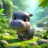 AI generated Illustration of Hippopotamus in the Jungle. Hippo in Wildlife Illustration photo