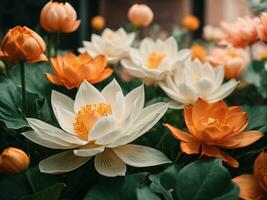 AI generated Lotus Flower Bloom Illustration Background, Beauty Background with Lotus Flowers Blooming photo