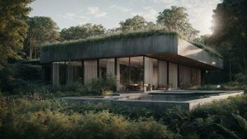 AI generated Modern Luxury House in the Jungle, Minimalist House in the Forest, Architecture Illustration photo