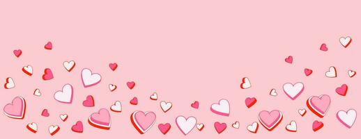 Background with pink hearts. Set of vector illustration cute hearts. Cartoon hearts. Horizontal  border with copy space. Suitable for email header, post in social networks, advertising, events