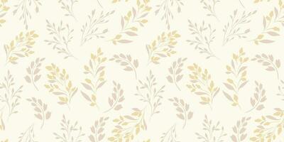 Simple seamless pattern with shape tiny branches leaves, buds with drops. Pastel gently beige floral print. Vector hand drawn sketch.  Design for fashion, fabric, wallpaper.