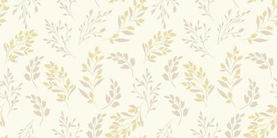 Simple seamless pattern with shape tiny branches leaves, buds with drops. Pastel gently beige floral print. Vector hand drawn sketch.  Design for fashion, fabric, wallpaper.