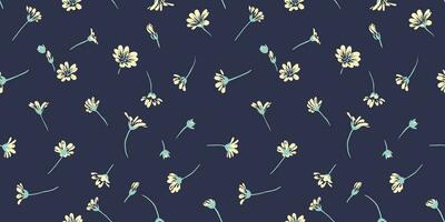 Seamless simple, gently tiny branches buds flowers pattern. Vector hand drawn sketch. Floral brush print on a dark background. Design for fashion, fabric, wallpaper.