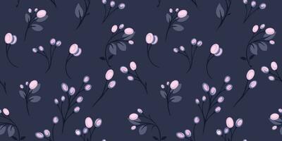 Seamless creative purple berries branches with drops, dots pattern on a dark blue background. Vector hand draw sketch. Design for fashion, fabric, wallpaper.