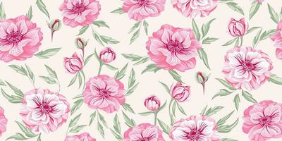 Artistic spring pastel pink flowers and leaves seamless pattern.  Vector hand drawn Ranunculus, Trollius Asiatic us flower, Globe flower. Template for design, textile, fashion, print, wallpaper