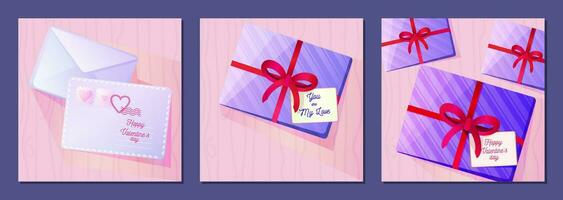 Valentines greeting card. Set of festive vector templates with cute abstract bright gift box, writing.  Graphics suitable for use for post banner, print, flayer, sale, decorative, greeting cards