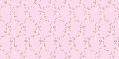 Pastel pink feminine berries branches with drops, dots, seamless pattern. Vector hand draw sketch. Simple, gently, cute, background print. Design for fashion, fabric, wallpaper.