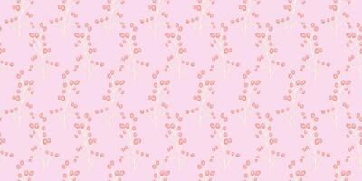 Pastel pink feminine berries branches with drops, dots, seamless pattern. Vector hand draw sketch. Simple, gently, cute, background print. Design for fashion, fabric, wallpaper.