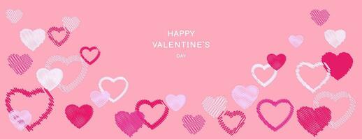 Simple pink Happy Valentines day horizontal border with copy space. Vector hand drawn sketch doodle hearts with lines. Suitable for email header, post in social networks, advertising, events