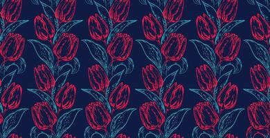 Vector hand drawn tulips intertwined in a seamless pattern on a black blue background. Simple flowers print. Template for design, fashion, fabric, interior decor, textile, wallpaper, surface design.
