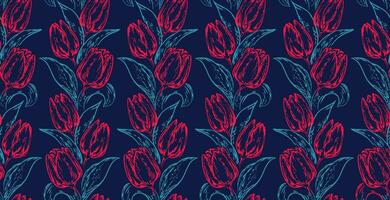 Vector hand drawn tulips intertwined in a seamless pattern on a black blue background. Simple flowers print. Template for design, fashion, fabric, interior decor, textile, wallpaper, surface design.