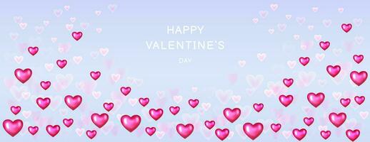 Bright banner happy Valentines day. Vector illustration glowing, smooth, smoke hearts with red  heart on a blue background. Horizontal border with copy space. Suitable for email header, post