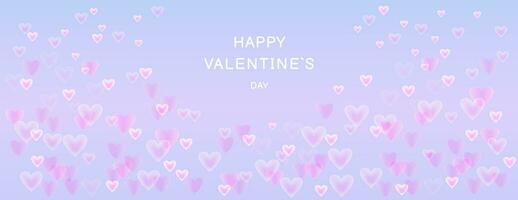 Banner happy Valentines day. Vector illustration glowing, smooth, smoke  hearts on a blue background. Horizontal border with copy space. Suitable for email header, post in social networks, advertising