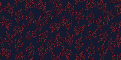Seamless shape tiny red branches leaves pattern on a dark blue background. Vector hand drawn sketch flat branches. Design for fashion, fabric, wallpaper.