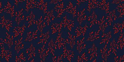 Seamless shape tiny red branches leaves pattern on a dark blue background. Vector hand drawn sketch flat branches. Design for fashion, fabric, wallpaper.