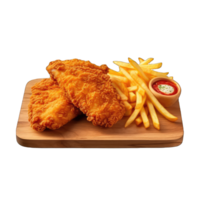 ai generado frito pollo con francés papas fritas en de madera mesa aislado en un transparente antecedentes png