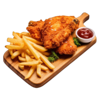 AI generated Fried chicken with french fries on wooden table isolated on a transparent background png