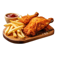 AI generated Fried chicken with french fries on wooden table isolated on a transparent background png