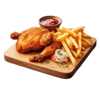 ai genererad friterad kyckling med franska frites på trä- tabell isolerat på en transparent bakgrund png