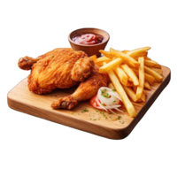 ai généré frit poulet avec français frites sur en bois table isolé sur une transparent Contexte png