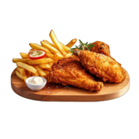 AI generated Fried chicken with french fries on wooden table isolated on a transparent background png