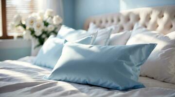 AI generated Pure white pillows and sheets on the bed with flowers and lens flair in the sunlight. photo