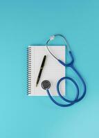 Top view of a open notebook with pen and Medical stethoscope on a blue background with copy space. 3D render illustrations. photo