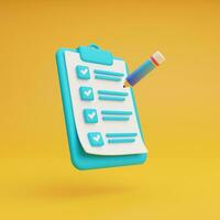 3D clipboard and pencil, notepad icon on yellow background. 3d render illustration. photo