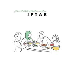 Line art of Muslim family at iftar time. vector