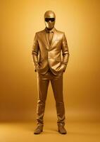 AI generated man wearing a golden suit and a mask on isolated golden background photo