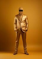 AI generated man wearing a golden suit and a mask on isolated golden background photo