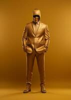 ai generado hombre vistiendo un dorado traje y un máscara en aislado dorado antecedentes foto