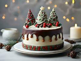 ai generado Navidad blanco crema pastel con chocolate salsa foto