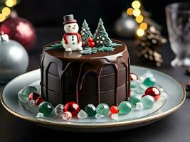 ai generado Navidad oscuro chocolate pastel con fondant foto