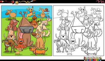 cartoon playful dogs animal characters group coloring page vector