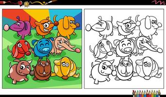 cartoon colorful dogs animal characters group coloring page vector